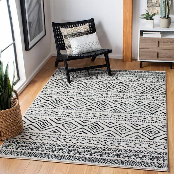Tulum Ivory/Black Doormat 3 ft. x 3 ft. Square Geometric Diamonds Striped Area Rug