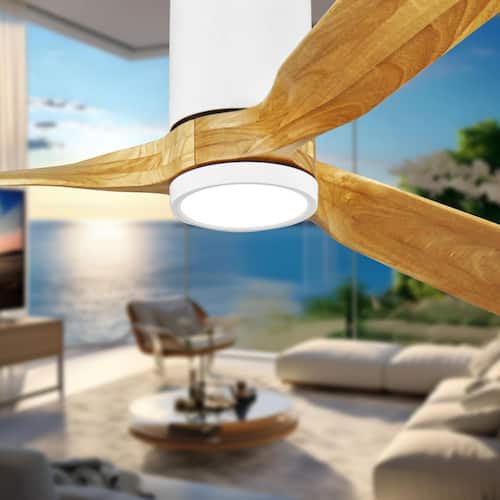 60 in. Indoor White Hugger Flush mount Ceiling Fan with Solid Wood Blades and Full Spectrum Light and Remote Control LINJO Ceiling Fans With Lights