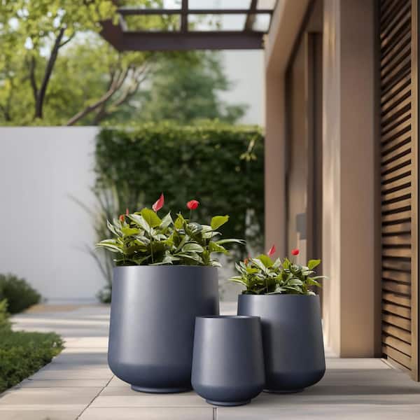 15.5in., 12in., 8.5in. Dia Granite Gray Large Tall Round Concrete Plant Pot / Planter for Indoor & Outdoor Set of 3
