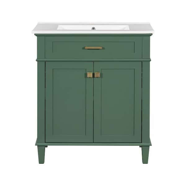 30 in. Single Sink Freestanding Green Bath Vanity with White Ceramic Top and Soft Close Door, Adjustable Shelves