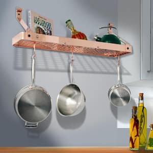 Handcrafted 36 in. Gourmet Bookshelf Wall Rack with 12-Hooks Brushed Copper