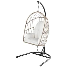 Collapsible Steel Rope Folding Patio Swing with Gray Base and CushionGuard Eggshell Cushions