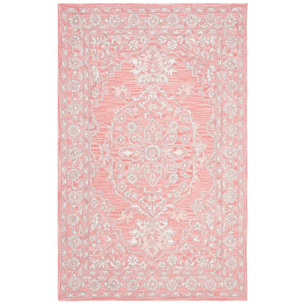 Handmade Pink and Ivory Wool Tufted Rectangular Area Rug 5' x 8'