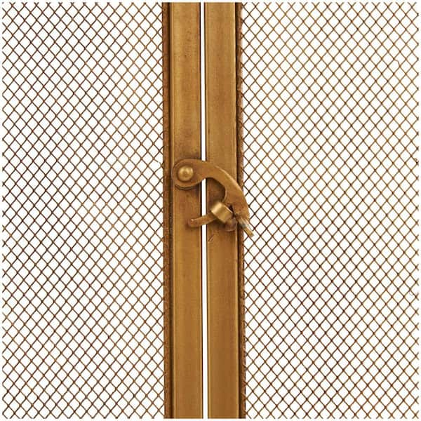 Gold Metal Geometric Single-Panel Fireplace Screen with Latched Doors and  Arched Feet