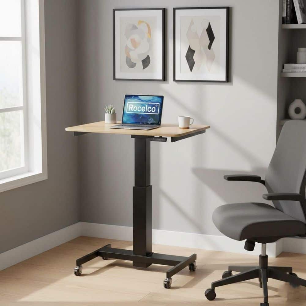 28 in. W Beige Height Adjustable Mobile School Standing Desk Cart with Gas Spring Assist and Laptop Riser Tray price history on PriceWatchPro