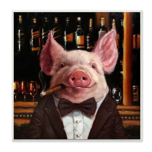 Stupell Industries "Classy Pig at Cigar Bar Farm Animal Painting" by Lucia Heffernan Unframed Animal Wood Wall Art Print 12 in. x 12 in.