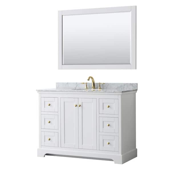 Wyndham Collection Avery 48 in. W x 22 in. D x 35 in. H Single Sink Bath Vanity in White with White Carrara Marble Top and 46 in. Mirror