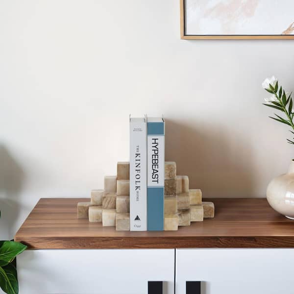 Ivory 6 in. x 6 in. Stone Cube Pyramid Bookends (Set of 2)