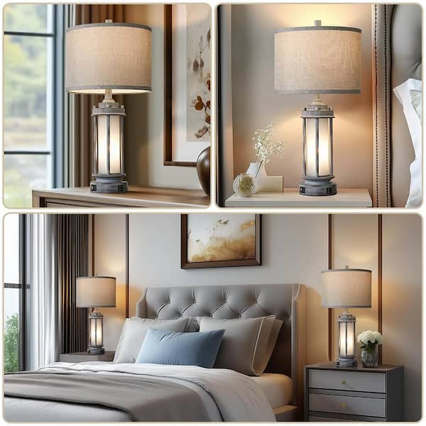 25 in. Gray Rustic Vintage Lantern Table Lamp with 2 Bulbs