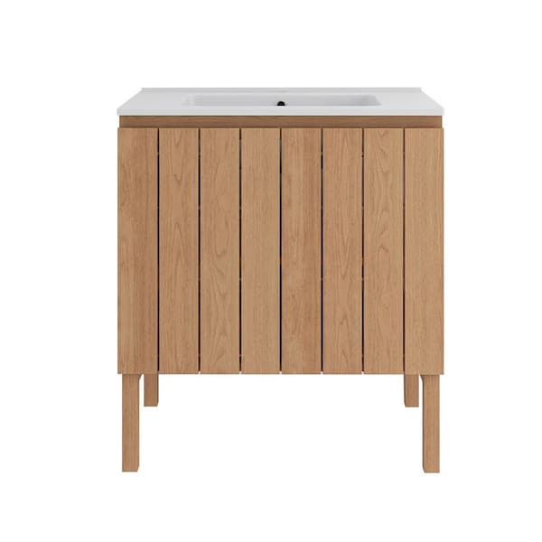 30 in. W x 18 in. D x 33 in. H Single Sink Freestanding Bath Vanity in Natural Wood with White Ceramic Top