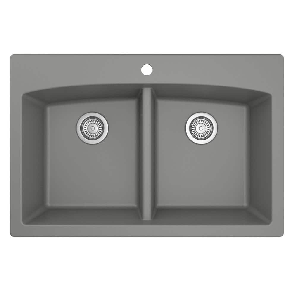 Gray Quartz 33'' Double Bowl Farmhouse Kitchen Sink Kit