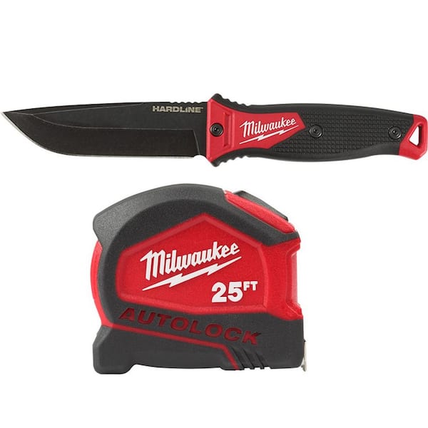 Milwaukee 5 in. Hardline AUS-8 Steel Fixed Blade Knife with 25 ft. Compact Auto Lock Tape Measure (2-Piece)