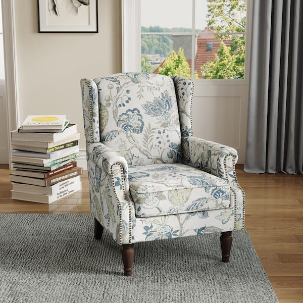 Retro Plants Blue Linen Nailhead Trim Upholstered High Back Accent Arm Chair with Wood Legs(Set of 1)
