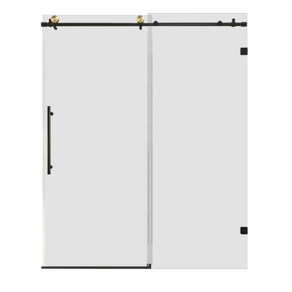 60 in. W x 74 in. H Freestanding Single Sliding Frameless Shower Enclosure in Matte Black Finish with Tempered Glass