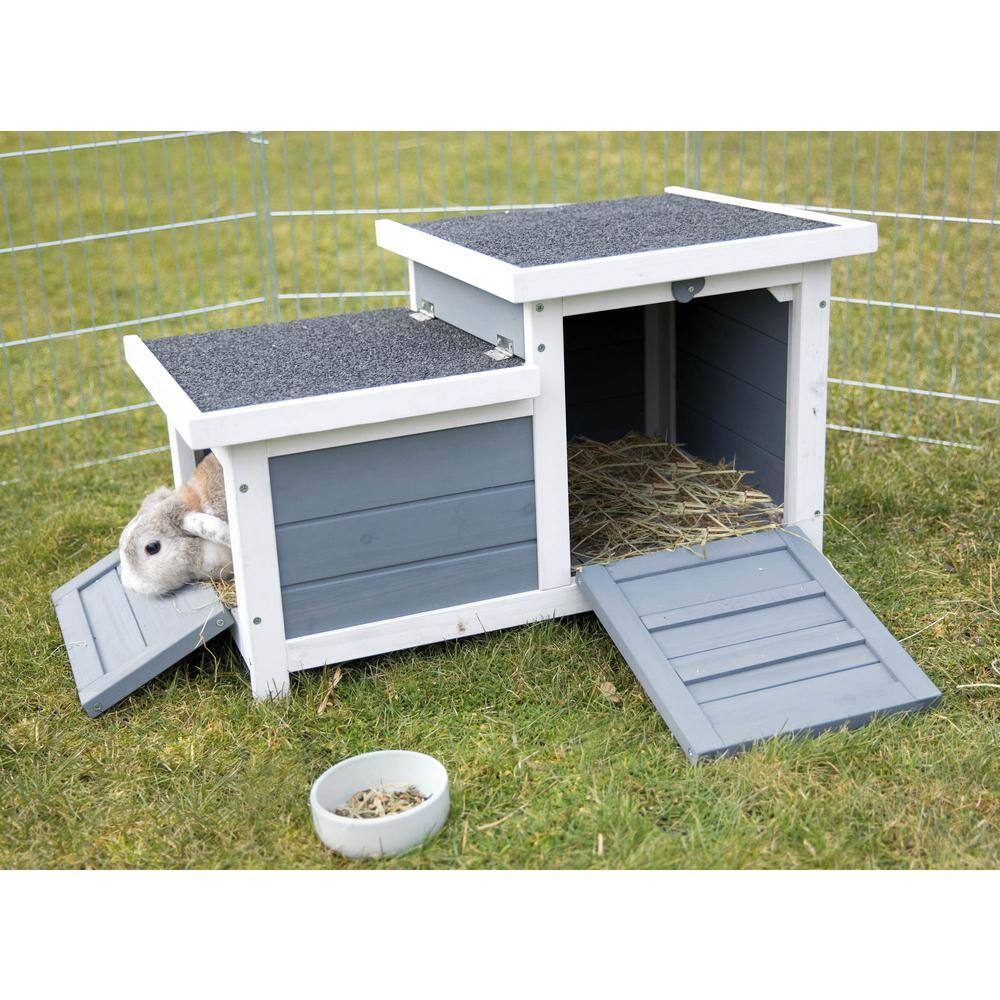 Gray and White Wooden Small Animal Hutch with Hinged Roof