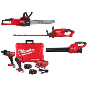 M18 FUEL 16 in. 18V Lith-Ion Brushless Electric Battery Chainsaw/Hedge Trimmer/Blower & Hammer Drill/Impact Driver Kit