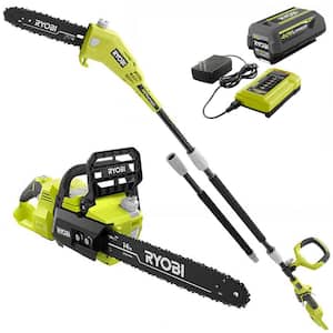40V HP Brushless 14 in. Cordless Battery Chainsaw and 10 in. Cordless Battery Pole Saw with 4.0 Ah Battery and Charger