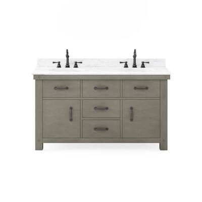 Aberdeen 60 in. W x 34 in. H Vanity in Gray with Marble Vanity Top in Carrara White with White Basins and Faucets