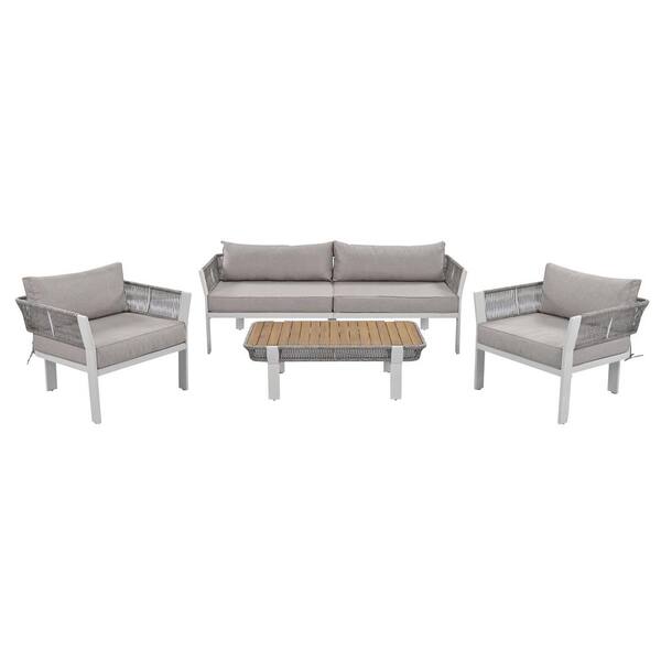 Angel Sar 4-Piece Metal Frame Outdoor Patio Conversation Set with Coffee Table and Brown Gray Waterproof Cushions