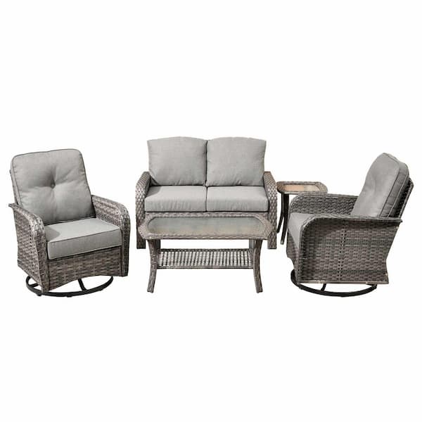 Missisi Gray 5-Piece Wicker Patio Conversation Set with Dark Gray Cushions and Swivel Chairs