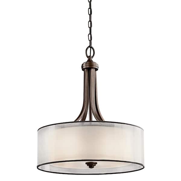 KICHLER Lacey 4-Light Mission Bronze Transitional Shaded Kitchen Pendant Hanging Light with Organza Shade