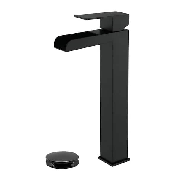 AIMADI Single Handle Waterfall Bathroom Vessel Sink Faucet with Pop-Up Drain 1 Hole High Tall Bathroom Faucet in Matte Black