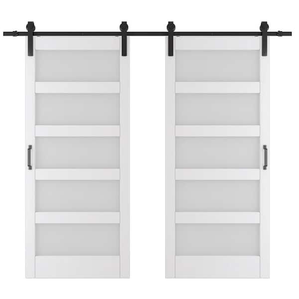 72 in. x 84 in. Frosted Glass, White Vinyl, 5 Panel, MDF, Waterproof PVC Surface Sliding Barn Door with Hardware Kit