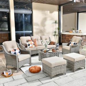Verona Grey 5-Piece Wicker Modern Outdoor Patio Conversation Sofa Seating Set with Beige Cushions