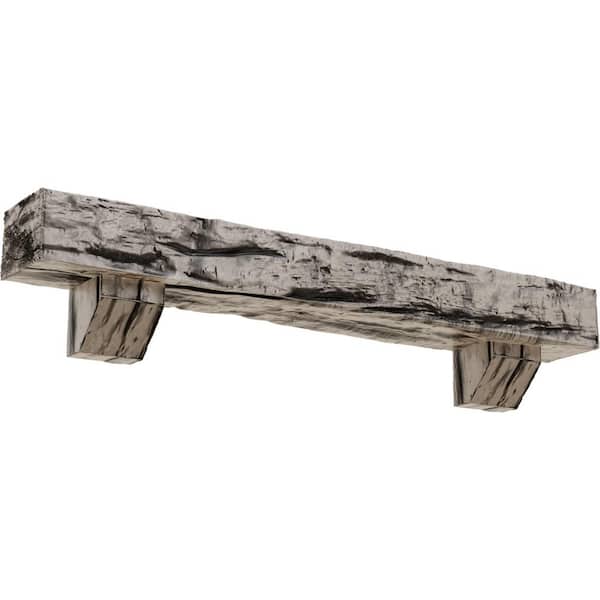 Ekena Millwork 4 in. x 4 in. x 4 ft. Riverwood Faux Wood Fireplace Mantel Kit, Ashford Corbels, Burnished Pine