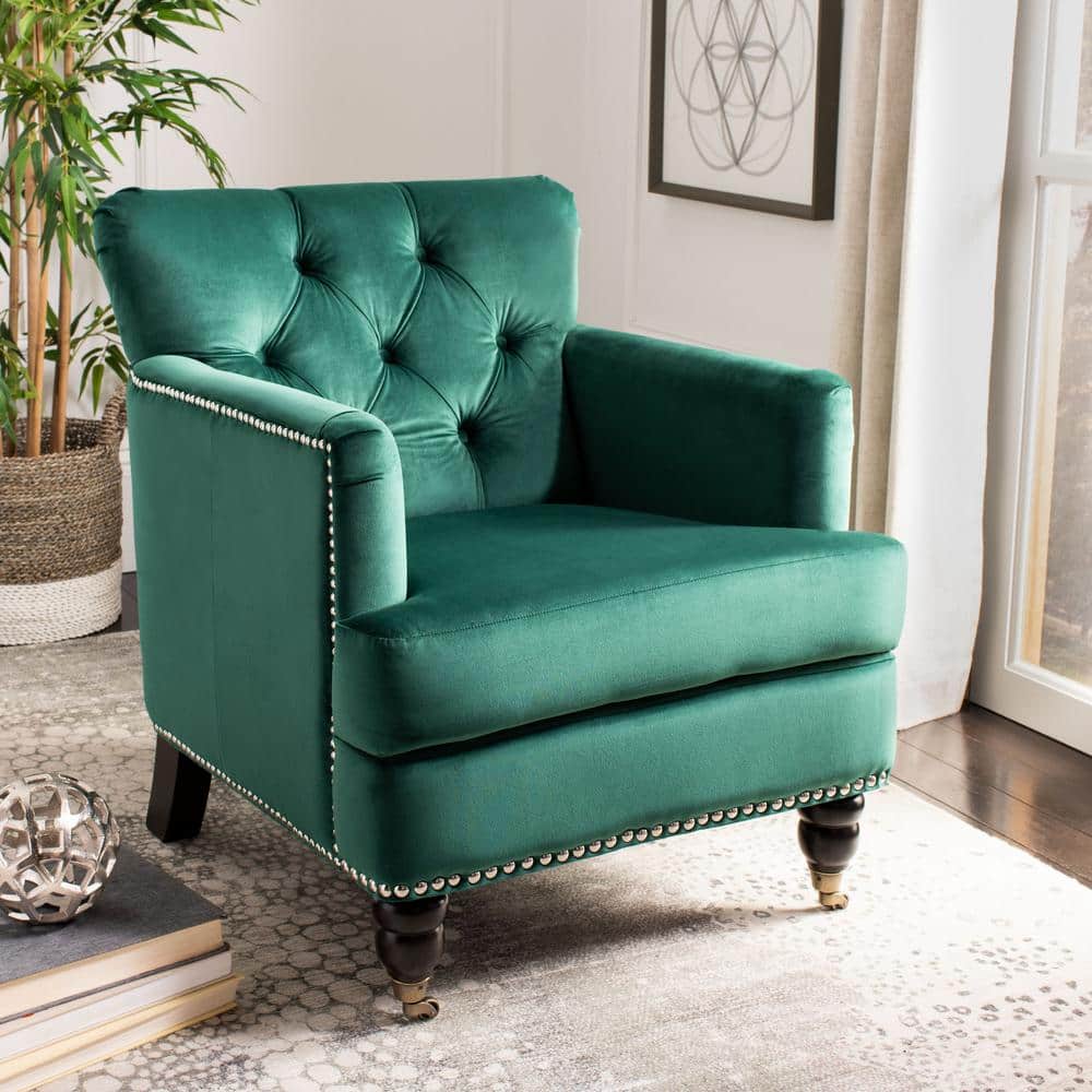 Emerald Velvet Tufted Club Chair with Espresso Wood Legs