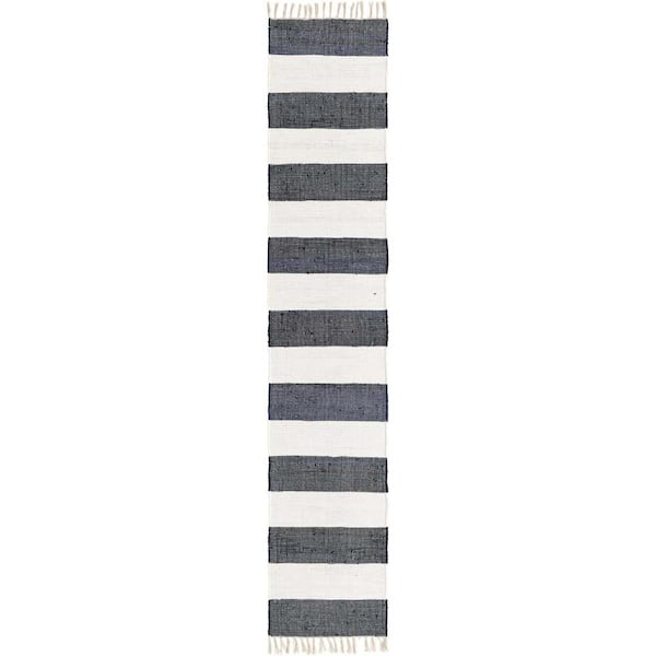 Unique Loom Chindi Rag Striped Navy Blue 2 ft. 7 in. x 10 ft. Area Rug