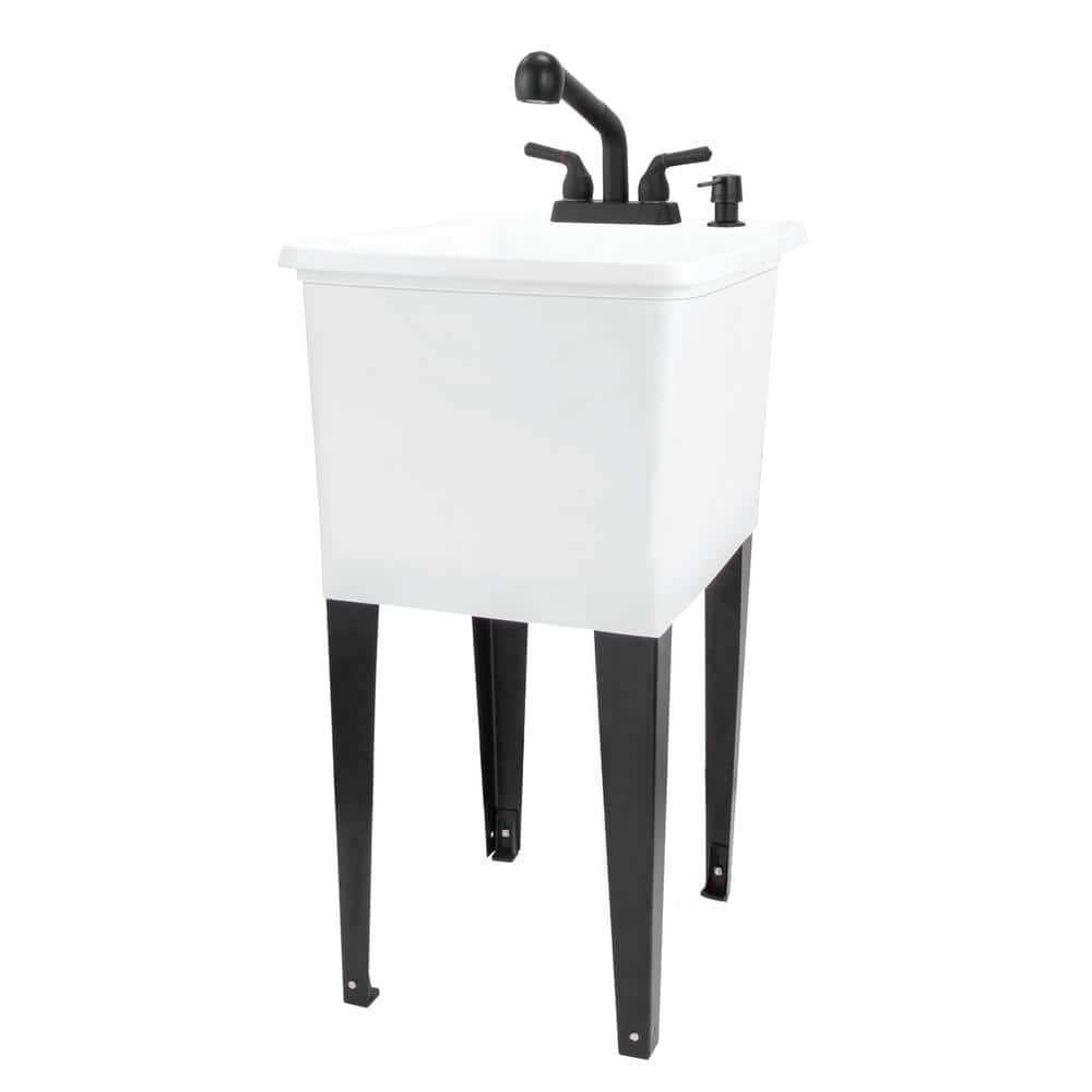 White and Black Freestanding Utility Sink with Faucet and Soap Dispenser
