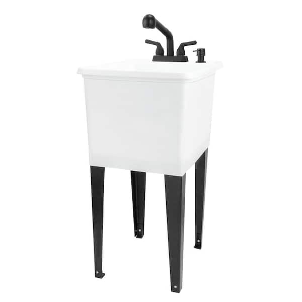 17.75 in. x 23.25 in. Thermoplastic Freestanding Space Saver Utility Sink in White - Black Faucet, Soap Dispenser