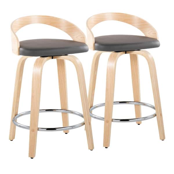 Lumisource Grotto 24 in. Grey Faux Leather, Natural Wood and Chrome Metal Fixed-Height Counter Stool (Set of 2)