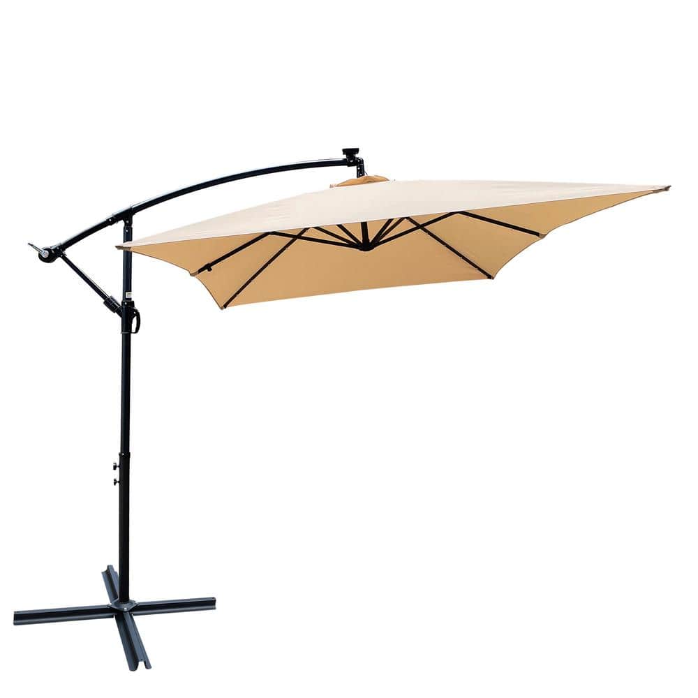 10 ft. Metal Cantilever Solar LED Outdoor Patio Umbrella in Tan