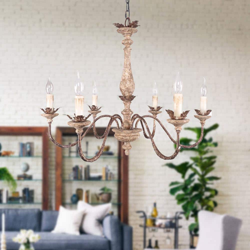 Distressed Weathered Wood 6-Light Farmhouse Candle Chandelier