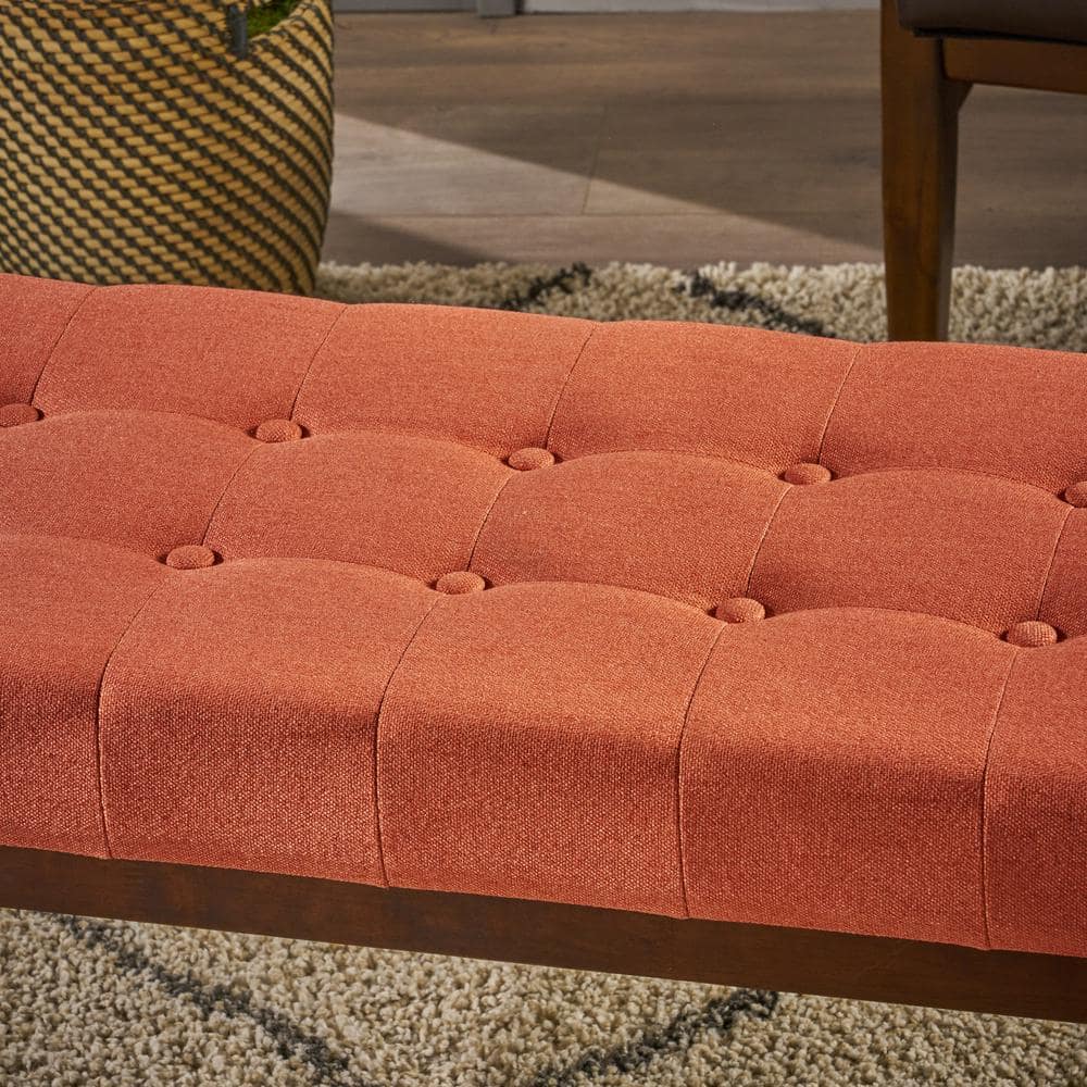 Mid-Century Coral Tufted Fabric Ottoman with Walnut Frame