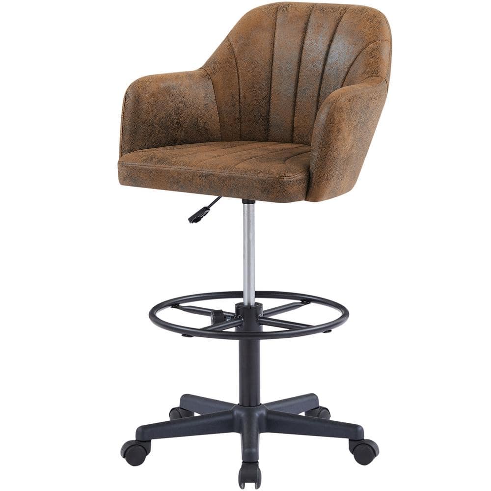 Premium PU Swivel Drafting Chair Adjustable Height Lumbar Support Home Office Stool, Brown - Thumbnail 4