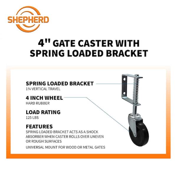 4 in. Black Hard Rubber and Steel Swivel Gate Caster with Adjustable Spring Bracket and 125 lb. Load Rating