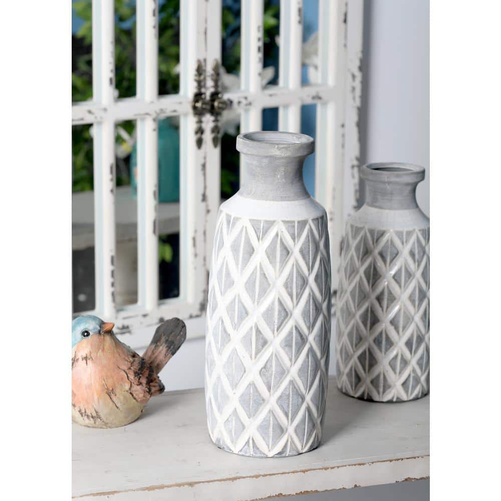 Gray Ceramic Coastal Round Table Vase with Diamond Pattern