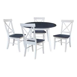 Set of 5-pcs - 42 in. White/Heather Gray Drop-Leaf Solid Wood Table and 4-Side Chairs