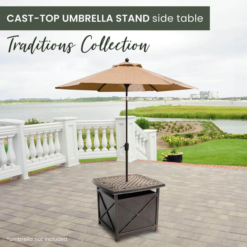 Bronze Cast Aluminum Square Patio Table with Umbrella Holder