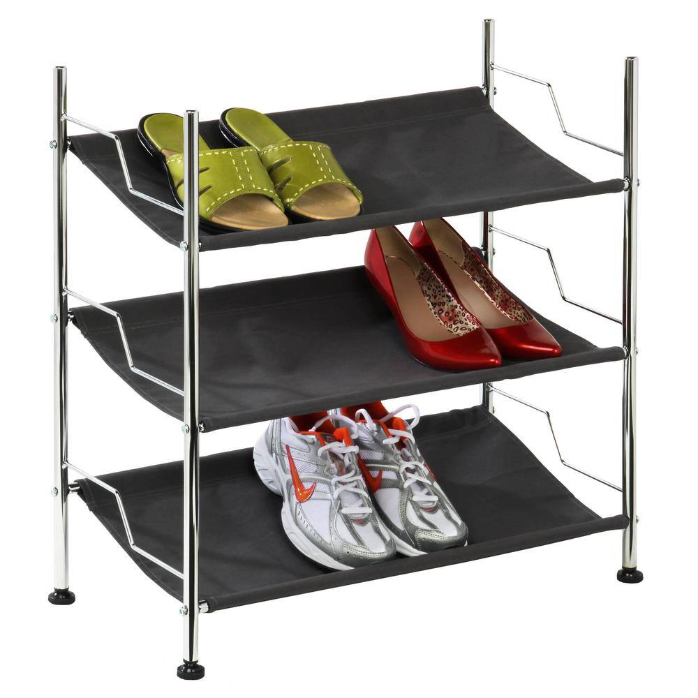 Black and Chrome 3-Tier Canvas Shoe Rack