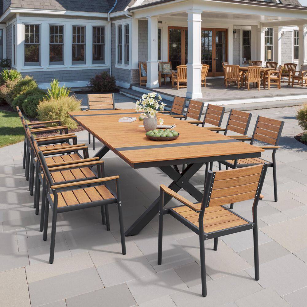 Brown 13-Piece 118 in. Aluminum Wood-Like Rectangular Patio Outdoor Dining Set with Stackable Arm-Chairs, Umbrella Hole price history on PriceWatchPro