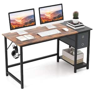 55 In. Rectangular Rustic Brown and Black Wood 2-Drawer Home Office Desk Computer Workstation with Shelf