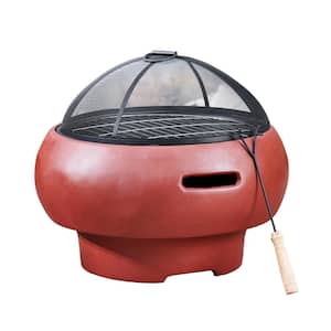 20.87 in. Round Wood Burning Fire Pit with Faux Concrete Base and Accessories, Red