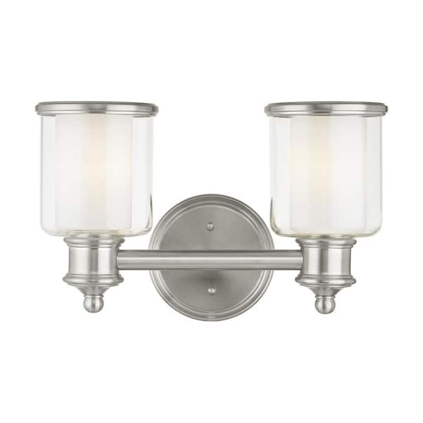 Bellington 14.5 in. 2-Light Brushed Nickel Vanity Light with Clear Outer Glass and Satin Opal Inner Glass