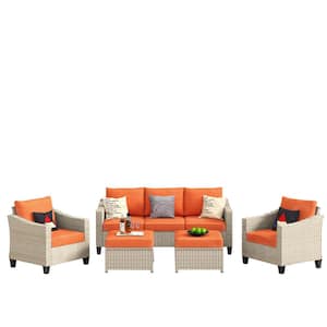 Oconee Beige 5-Piece Beautiful Outdoor Patio Conversation Sofa Seating Set with Orange Red Cushions