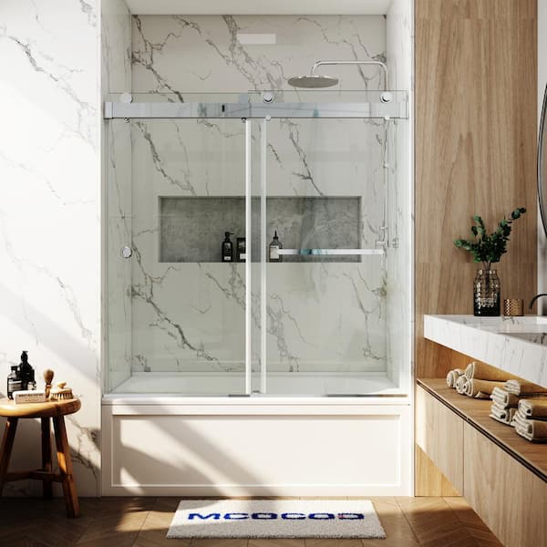 MCOCOD 56-60.75 in. W x 66 in. H Double Sliding Frameless Soft Close Tub Door in Chrome with 3/8 in. Clear Glass