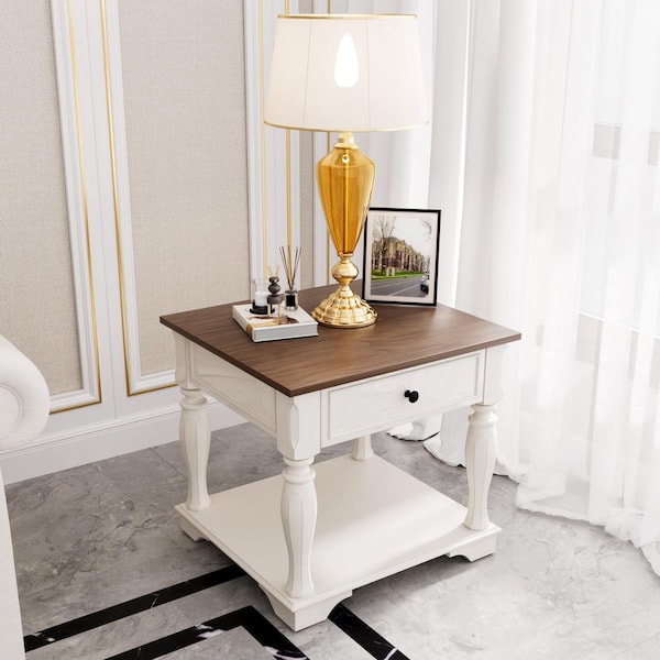 JEAREY European style 25.98 in. Mid-Century Modern Dark Brown Wood End Table with Storage, Dark Brown